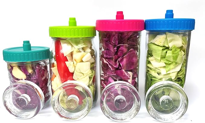 Mason Jar Fermentation Kit, NonSlip Grip Handle Fermentation 4pcs Glass Weights and 8Pcs Waterless Airlock Caps - for Fermenting Sauerkraut, Pickles, Kimchi in Wide Mouth Mason Jars (4)