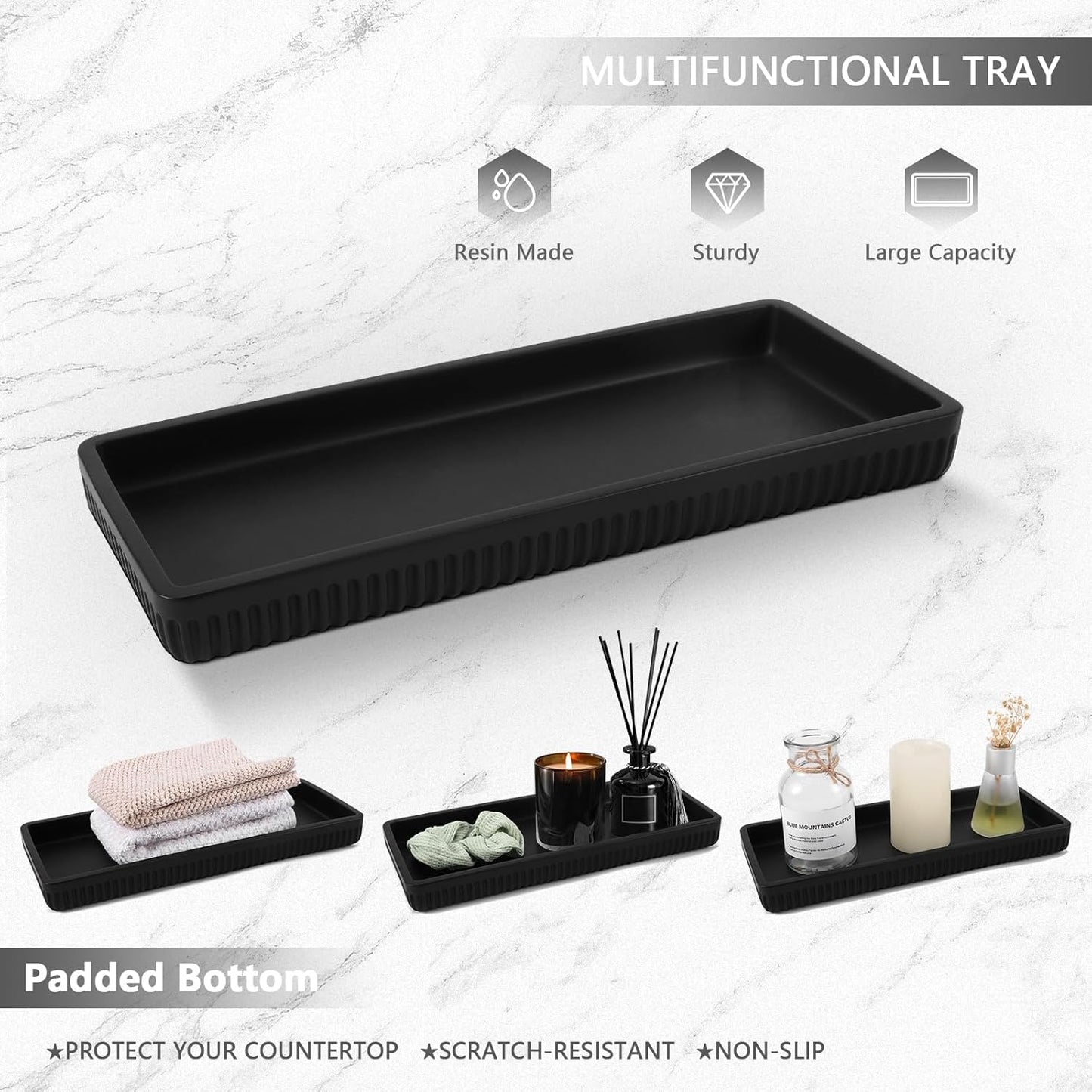 Resin Matte Black Bathroom Accessories Set 5 Pcs, Lotion Soap Dispenser, Toothbrush Holder, Bathroom Tumbler, Qtip Holder and Vanity Tray, Bathroom Countertop Organizer Set for Home Apartment