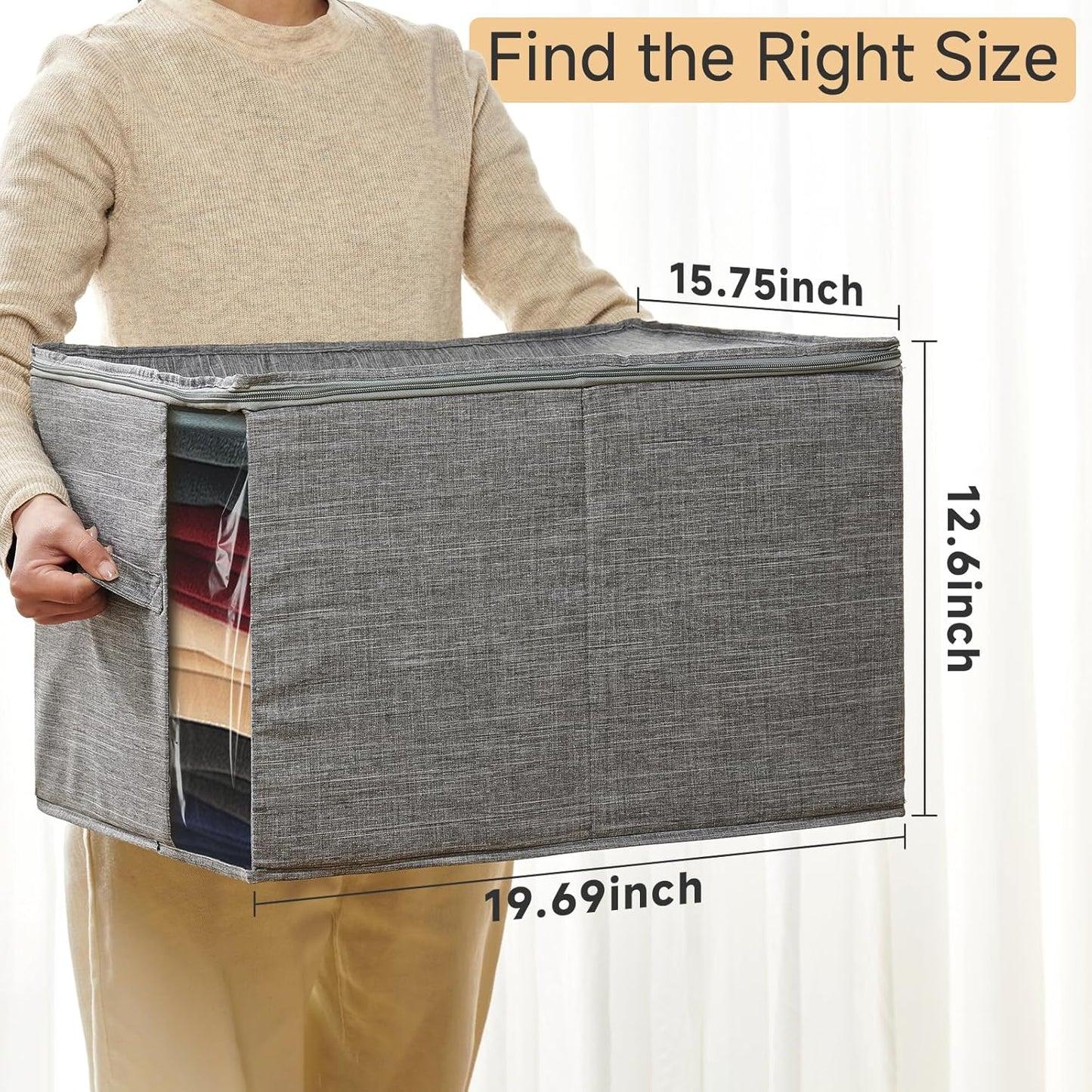 Large Clothes Storage Bins with Sturdy Frame, Foldable Clothing Organizer Box, Sweater Storage Cube with Lids and Zipper, Fabric Bedding Storage Bags for Blankets, Seasonal Clothes, Comforter