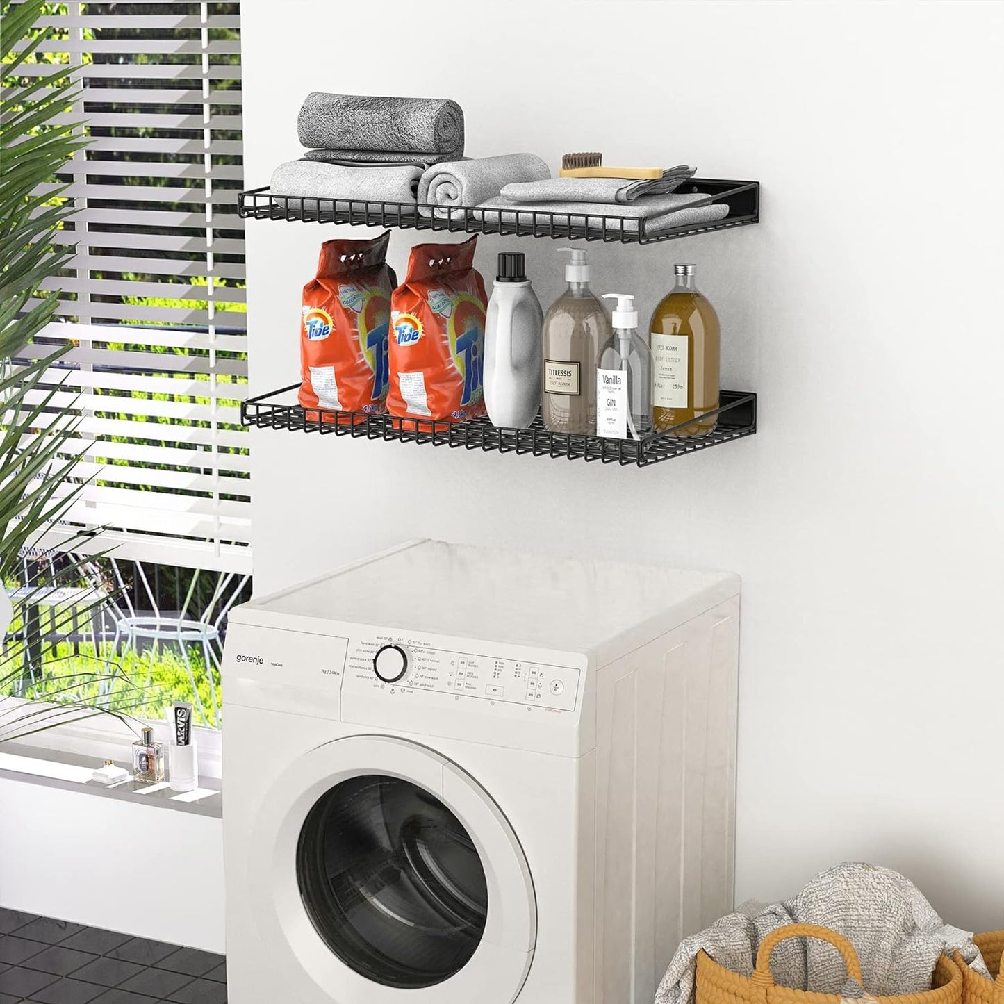 WALMANN 2 Pack Garage Wall Shelf, 23.5" x 12" Wall Mounted Storage Shelves for Garage, Closet, Laundry Room, Heavy Duty Wall Shelving, Holds Up to 65 lbs(Black)