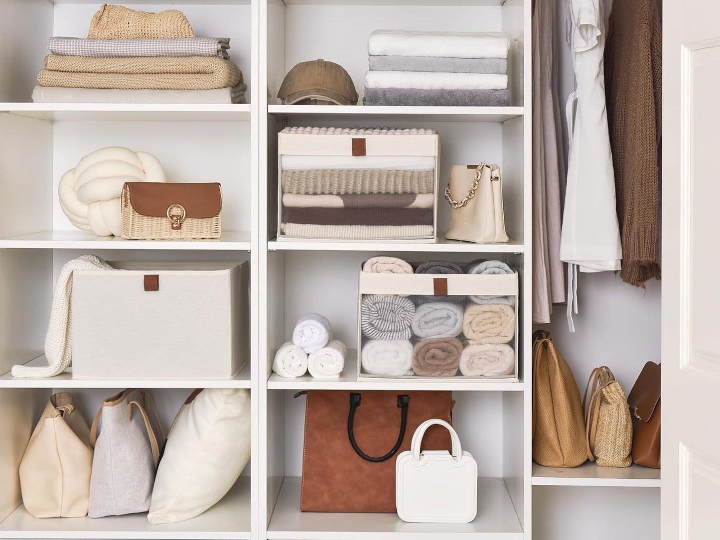 StorageWorks Closet Storage Bins, Extra Large Storage Baskets with Clear Window and Handles, Foldable Fabric Organizer for Clothes, Shelves, Beige, 3 Pack