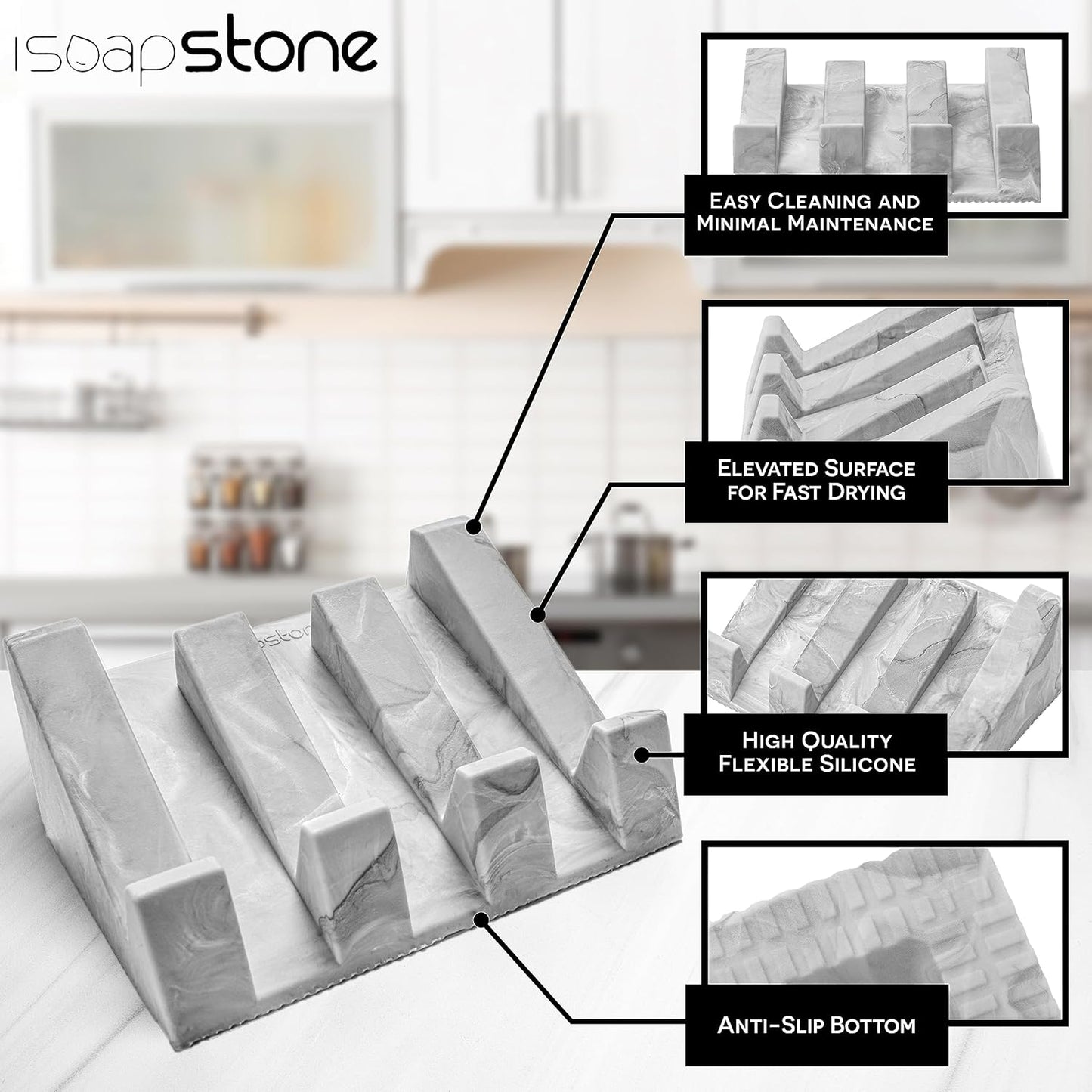 Silicone Soap Dish (USA Patented) Self Draining Bar Soap Holder for Shower Bathroom Sink, Drying Soap Dish Tray Kitchen Sponge Holder Easy Cleaning Soap Saver (Light Marble Design, 2)