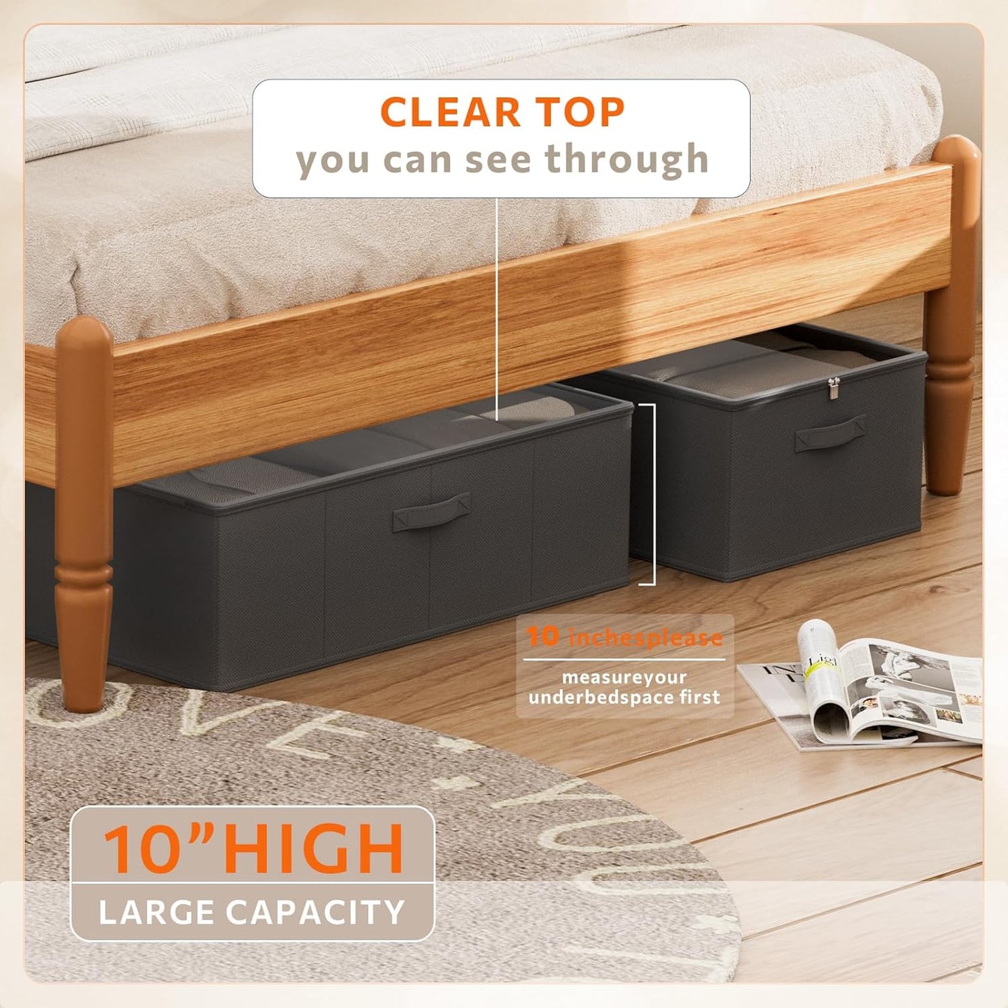 2 Pack Under Bed Storage Containers, 10 Inch Tall Underbed Clothes Storage Organizer Bin with Clear Window，Foldable Box Basket for Clothes, Closet, Bed Sheets and Blankets Black