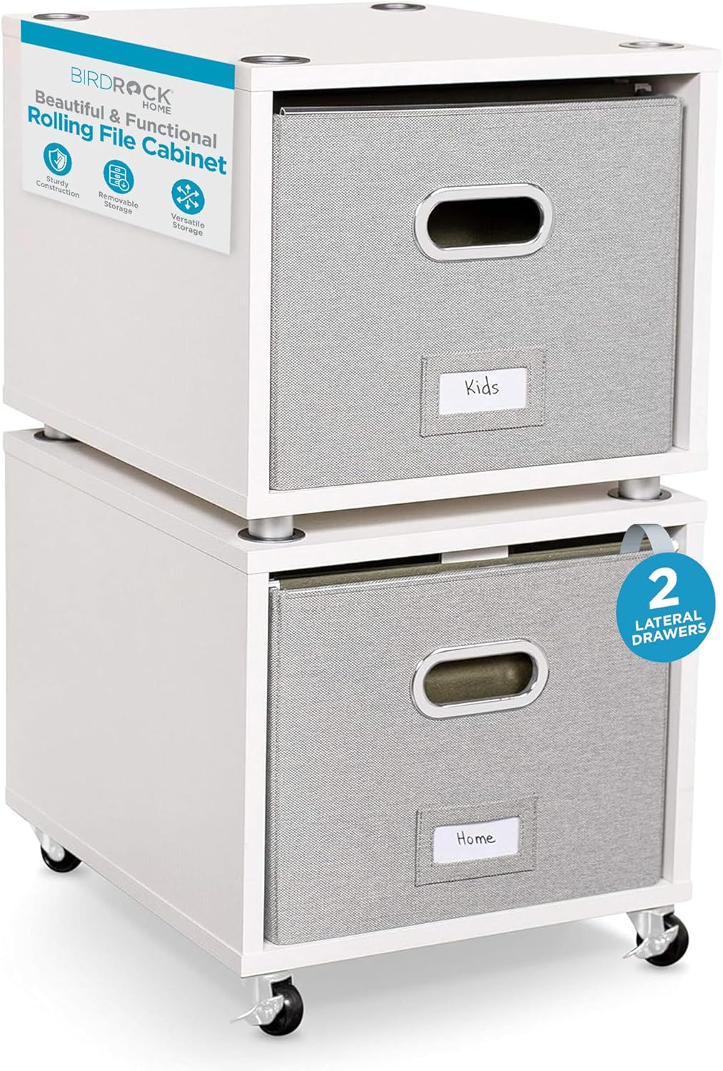 BIRDROCK HOME Rolling File Cabinet – Decorative Storage Shelf w/Removable Bins, Handles, and Wheels – Organize Files, Books, Toys, Under Desk Office Solution, Modern Design - 2 Lateral Drawers, White
