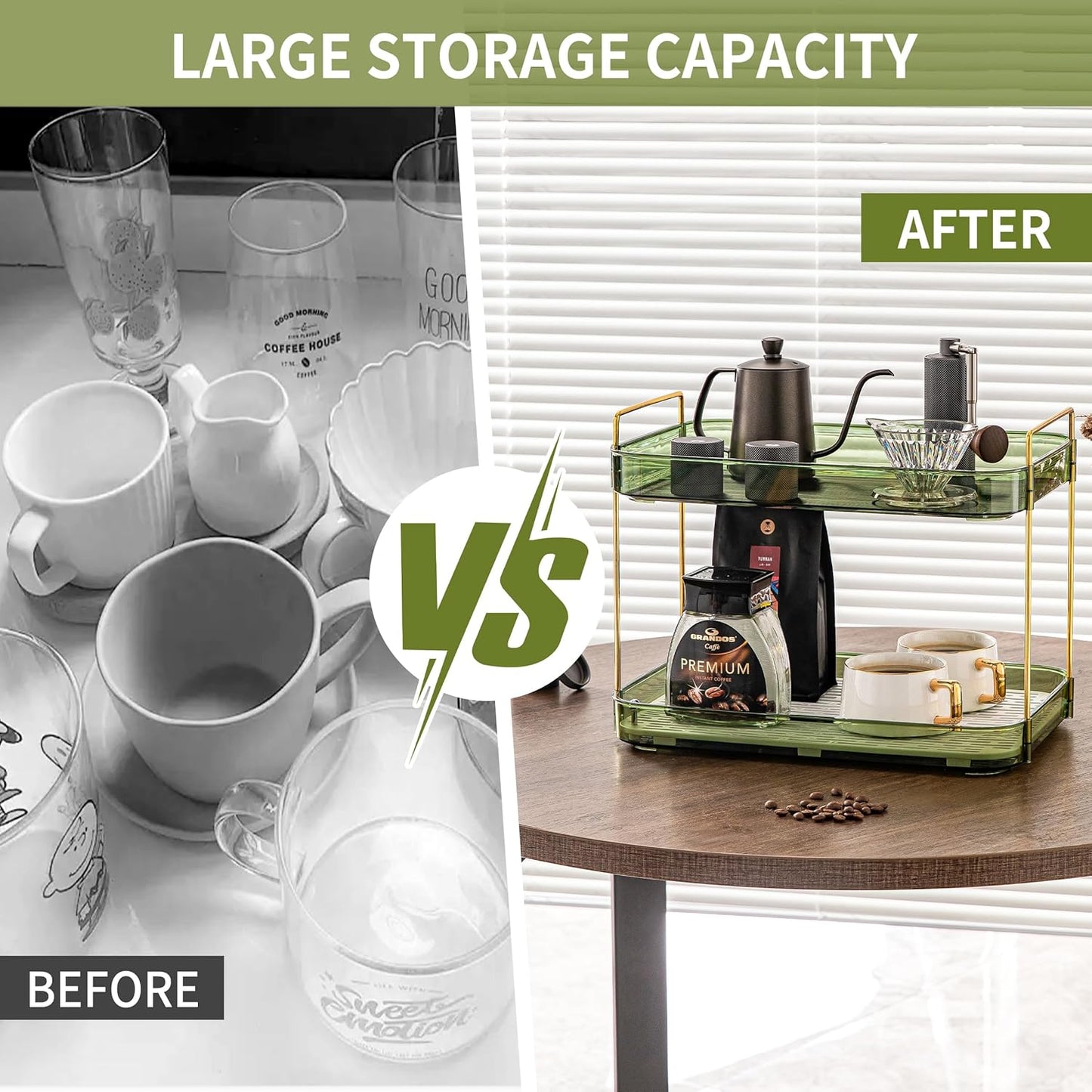 Coffee Bar Accessories, Station Organizers,Large Capacity Storage with Drain Board,Whisky Tray,Mug Tea Cup Holder Coffee Bar Organizer,Retro Green