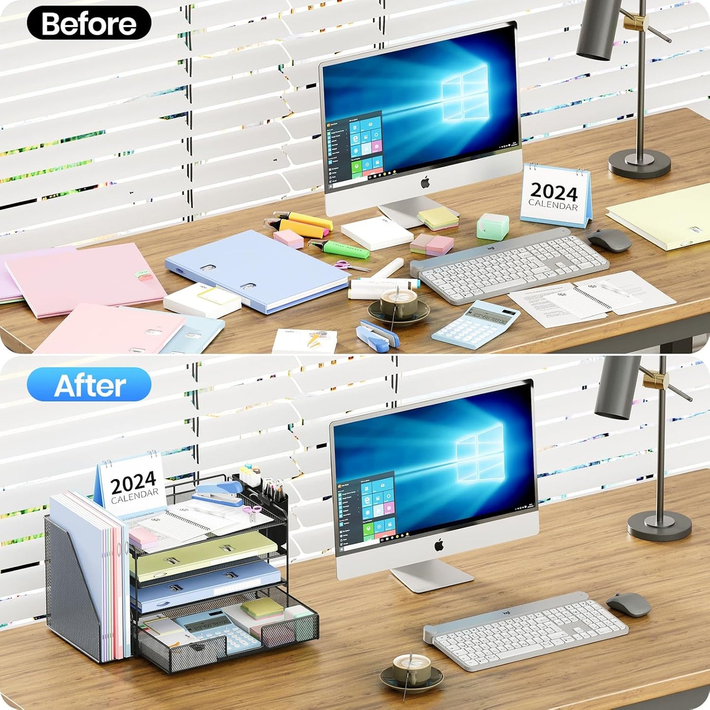 Desk Organizer and Accessories, 4-Tier Desktop File Organizer with Drawer and 2 Pen Holders, Office Desk Accessories, File Sorters, Workspace Organizers for Office Supplies(Black)