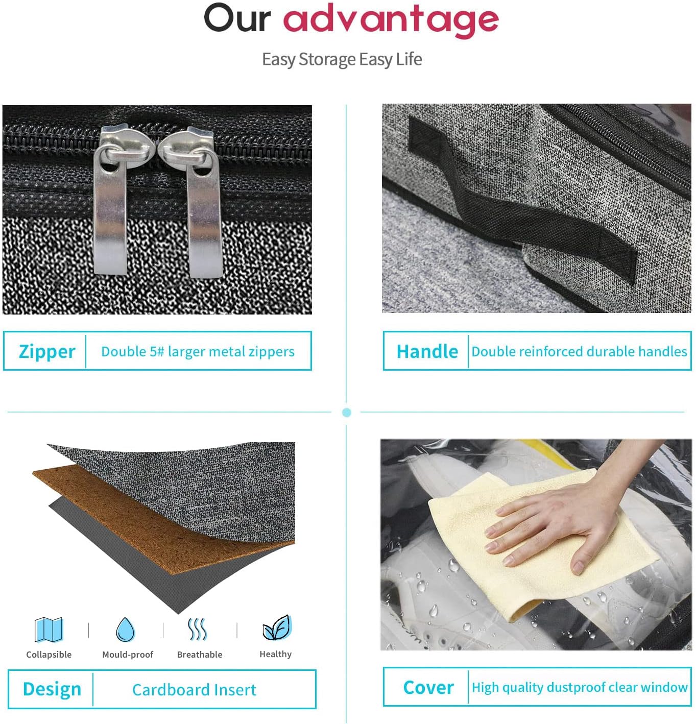 Onlyeasy 2 Pack Under Bed Shoe Storage Organizers with Handles & Clear window (Fit 14 +14 Pairs), Sturdy Underbed Box Organizer Shoe Storage Bags for Kids & Adults, Linen-like Black, MXAUBS14S14