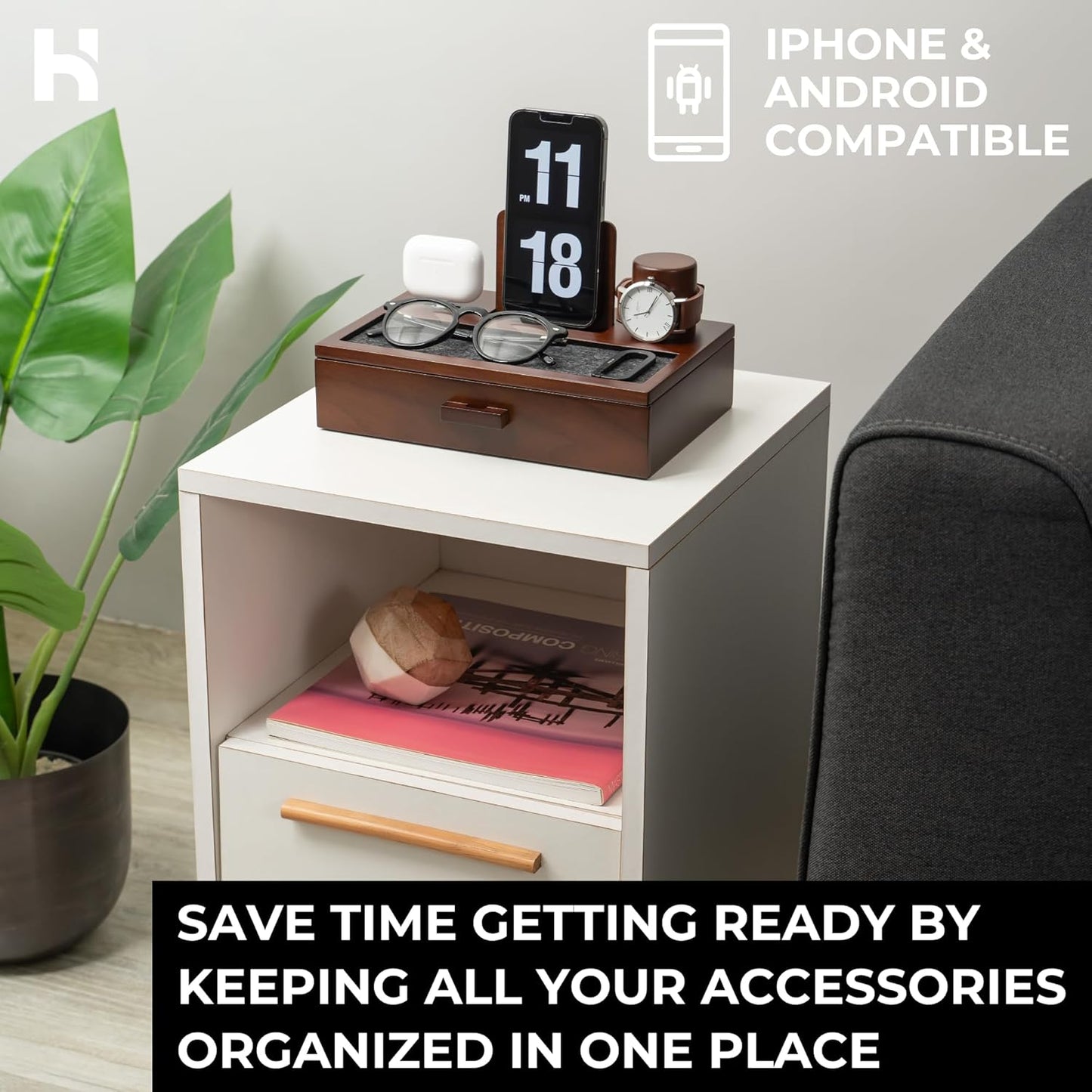Holme & Hadfield Premium Wooden Phone Docking Station with Drawer – Nightstand Organizer for Charging Phone & Earbuds – Declutter Your Space with Felt-Lined Protection & Watch Pillar - Gift For Men