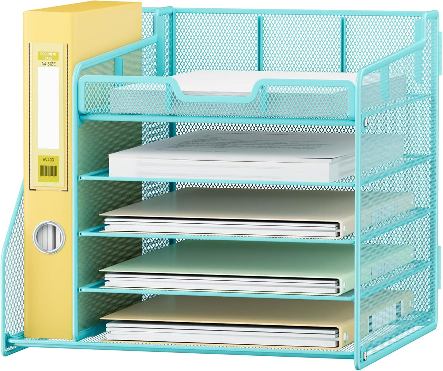 Lavatino 5-Tier Metal Mesh Desk Organizer with File Holder & 7 Customizable Compartments | Paper Letter Tray for Office or Home Desk Storage | Keep Workspace Supplies Neat & Organized, Blue