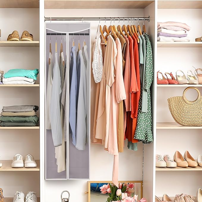 STORAGE MANIAC 2-Pack Hanging Garment Bag Zipper Cover with Sealed Clear Window, Long Garment Cover for Closet Storage Wardrobe Clothes Protector, Large Garment Storage Bag for Dresses,Suits, Grey