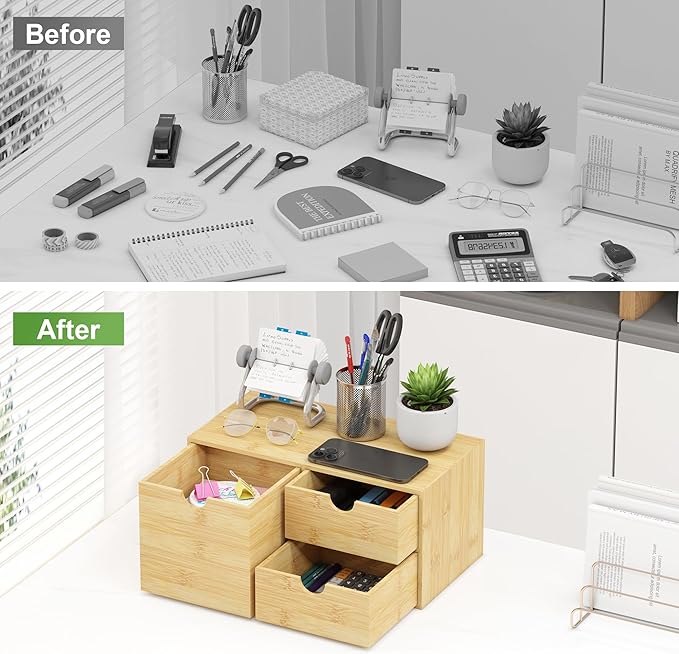 Bamboo Desk Organizer with Drawers - Small Desktop Countertop Mini Tabletop Storage Container - No Assembly Required