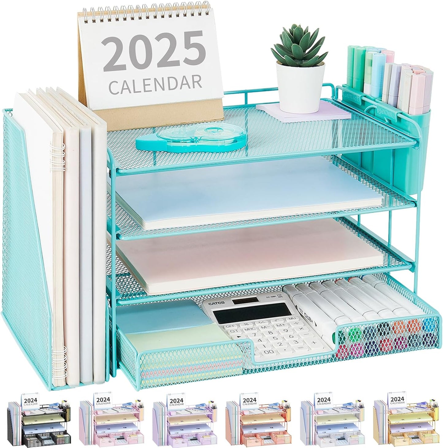 Desk Organizer and Accessories, 4-Tier Desktop File Organizer with Drawer and 2 Pen Holders, Office Desk Accessories, File Sorters, Workspace Organizers for Office Supplies(Teal Blue)
