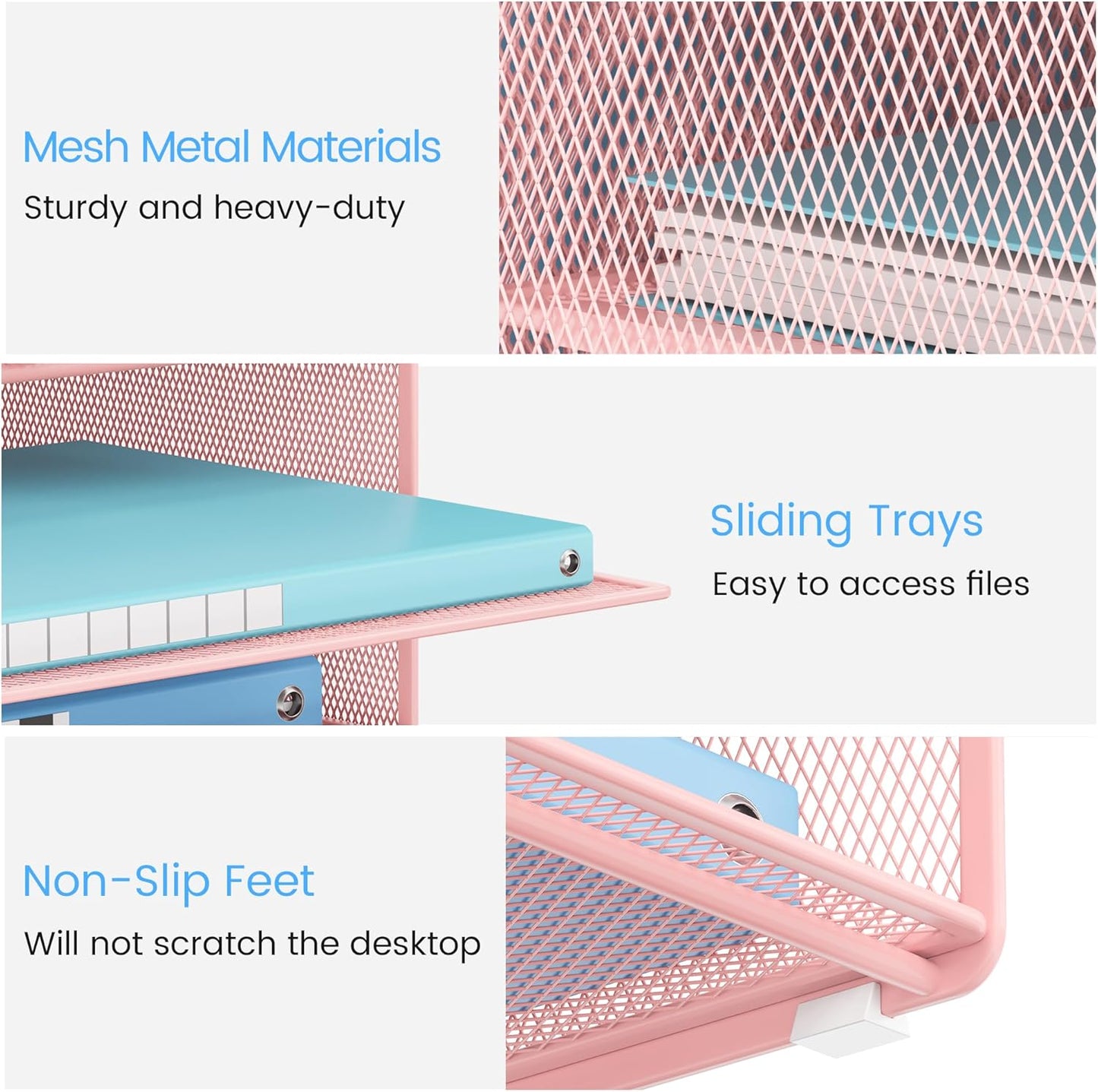 Lavatino Desk Paper File Organizer - Metal Mesh with 2 Letter Trays, 7 Flexible Dividers, 2 Vertical File Folder Holders for Office/Home/Classroom Supplies, Desk Organizers and Accessories, Pink