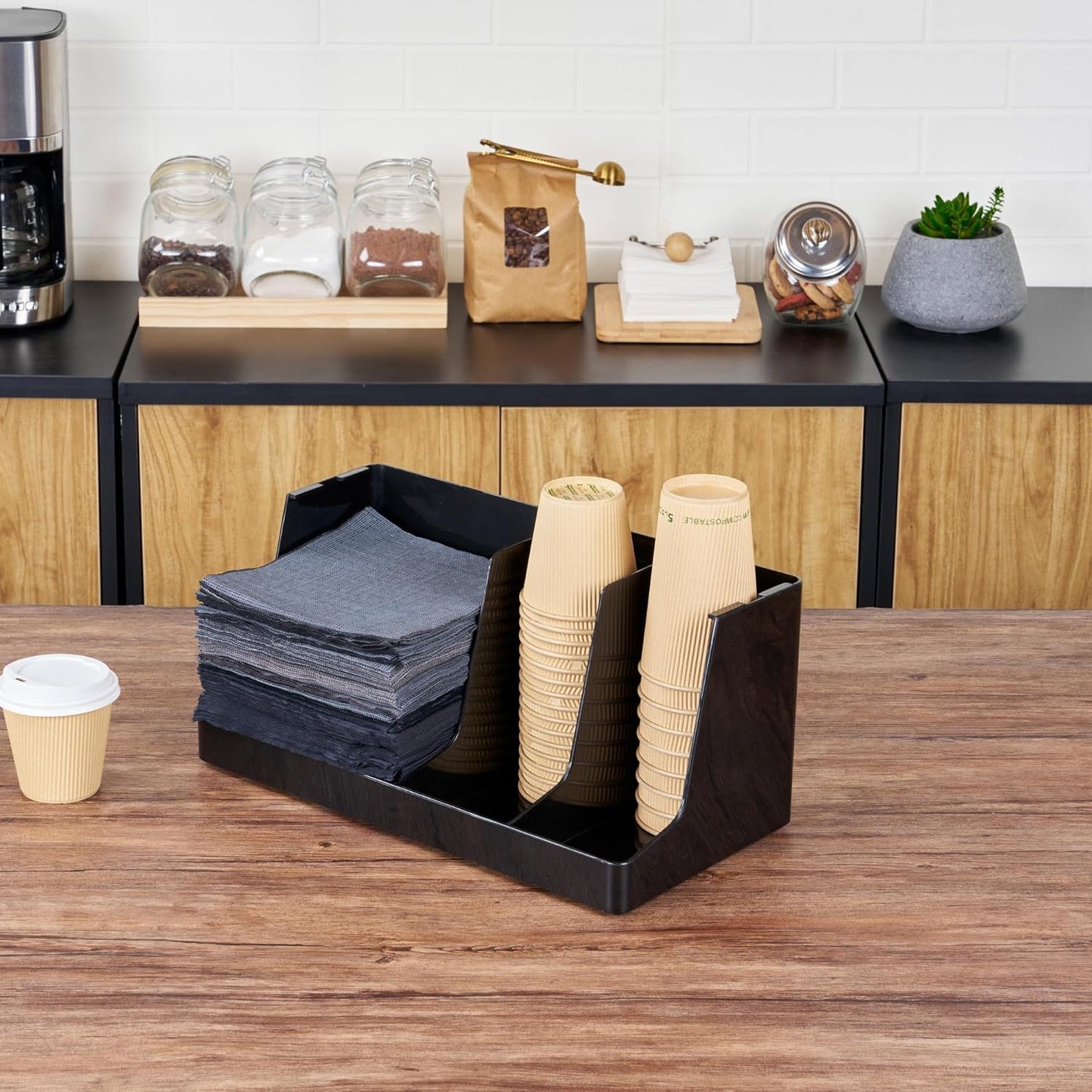 Restaurantware Restpresso Coffee Bar Organizer, 1 Count Durable 3 Compartments, Compact Size, Black Plastic Tabletop Coffee Supplies Organizer For Homes, Office Spaces, Breakrooms, and Lounges
