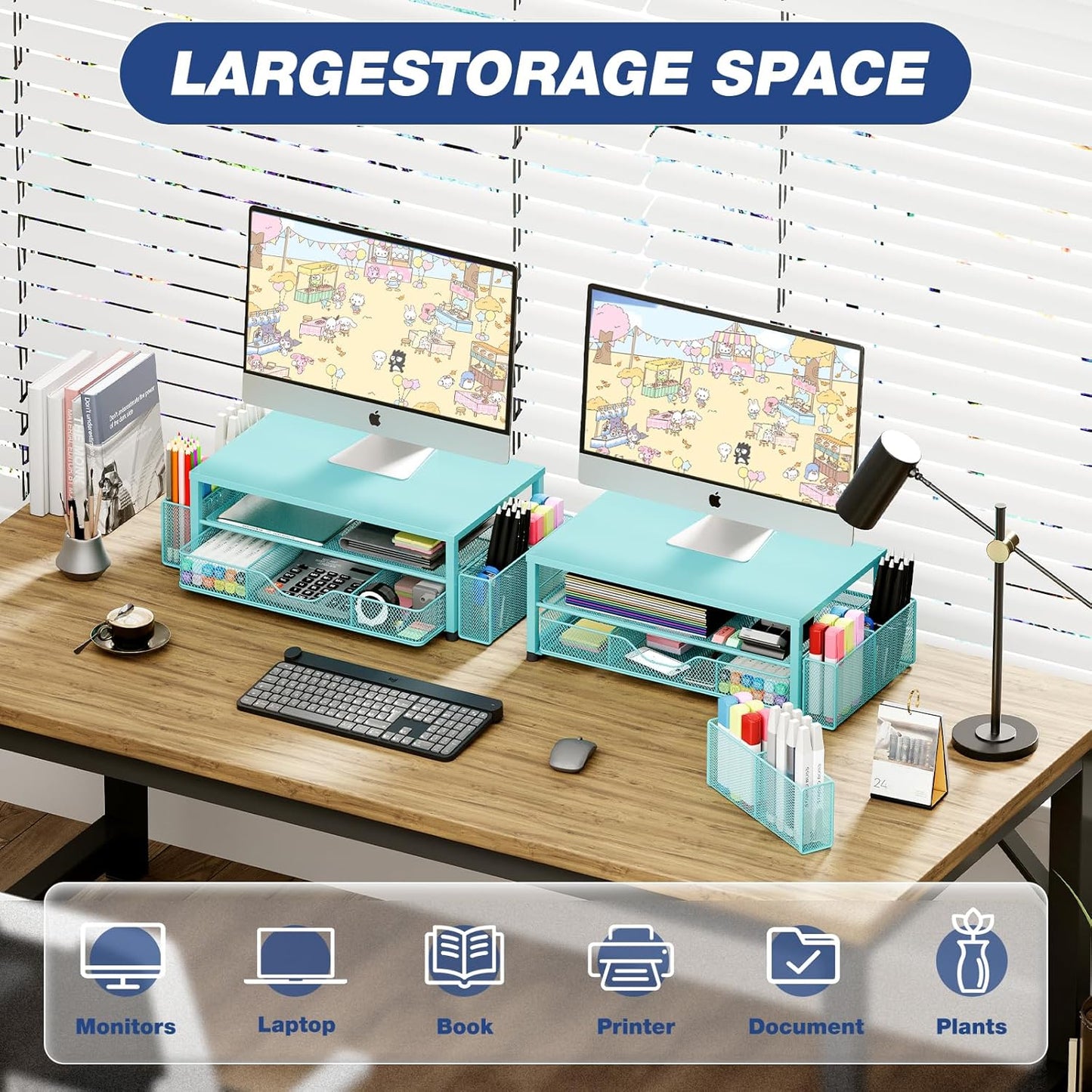 Desk Organizers and Accessories, 2-Tier Computer Monitor Stand Riser with Drawer and 2 Pen Holders, Laptop Stand, Office Desk Accessories for Office Supplies, Teal Blue