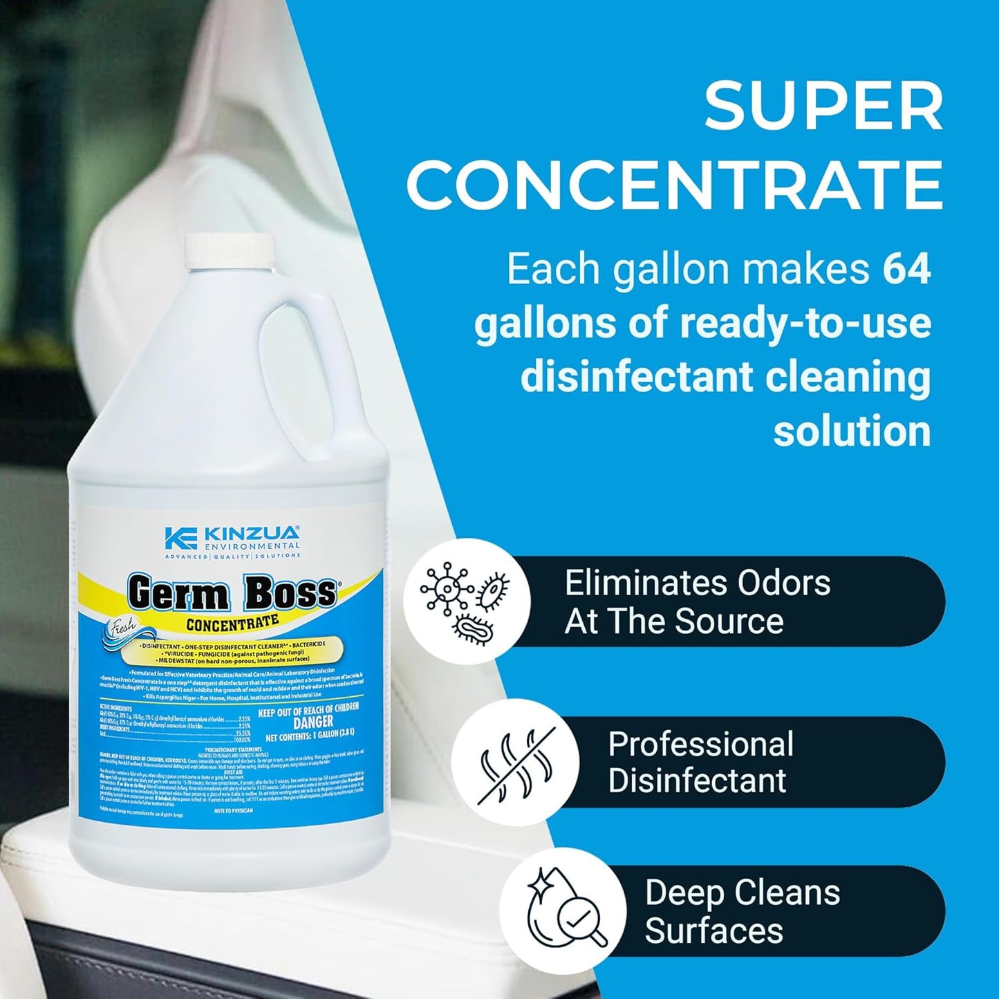 KINZUA ENVIRONMENTAL Germ Boss, Multipurpose Disinfectant Cleaner & Deodorizer, Disinfectant Liquid Concentrate with Fresh Scent for Homes, Kennels, Institutional & Industrial Strength, 1 Gal