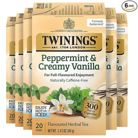 Twinings Peppermint & Creamy Vanilla Herbal Tea Individually Wrapped Bags, 20 Count (Pack of 6), Formerly Buttermint, Naturally Caffeine-Free, Enjoy Hot or Iced, 120 Teabags
