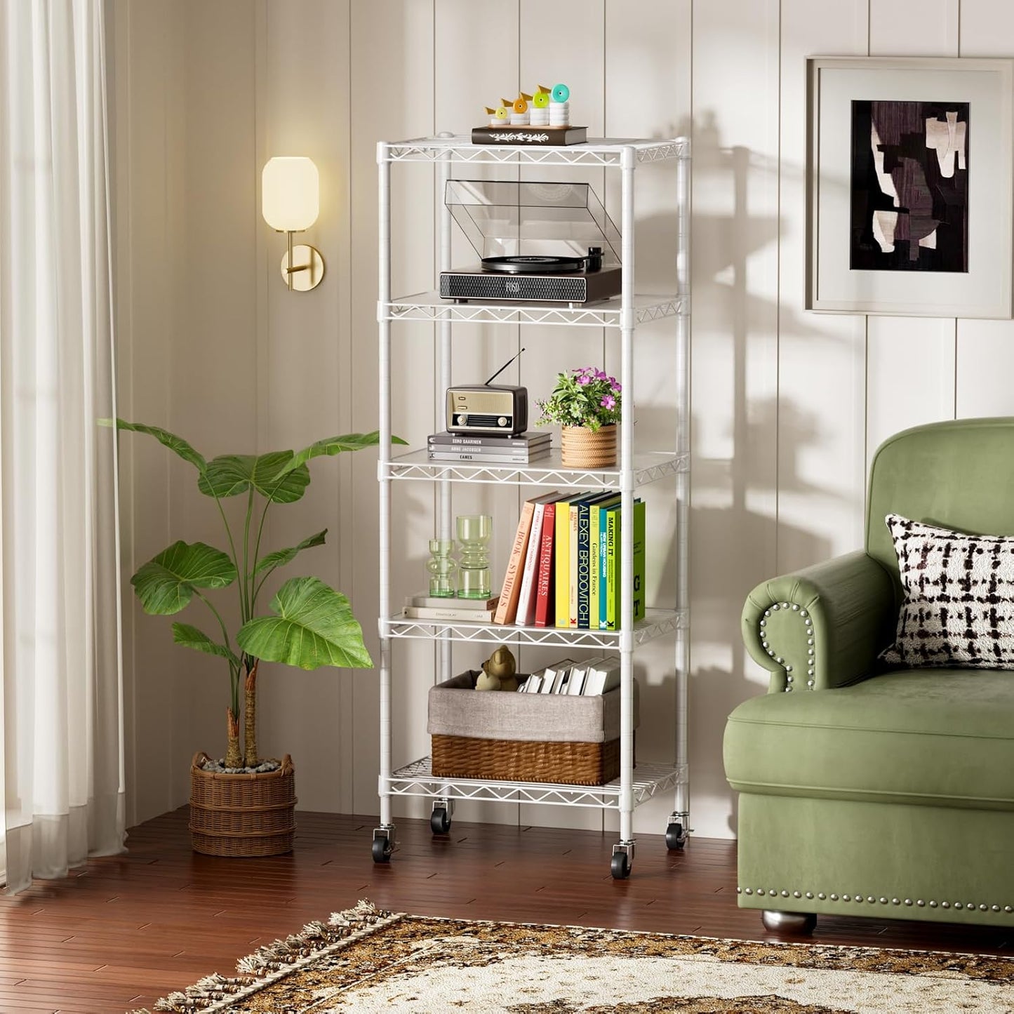 SINGAYE 5 Shelves Storage Shelf Wire Closet Bathroom Organizers Metal Pantry Kitchen Small Garage Shelving Unit Laundry Room Organization Home Narrow Rack Net Basket with Wheels White