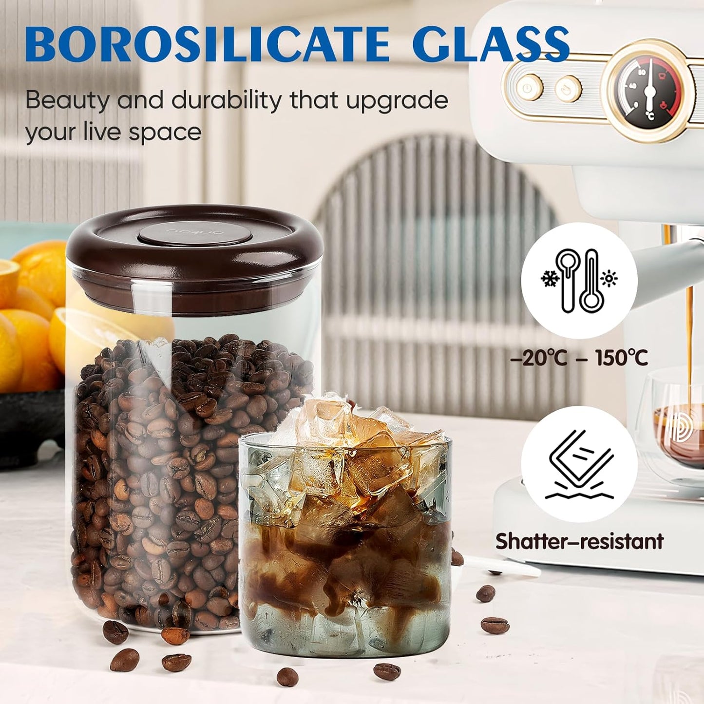 Coffee Container - Kitchen Food Storage Container with One-Way CO2 Valve, Press-on Lid Glass Coffee Canister with Scoop UV Protection for Grounds, Beans, 11 oz Brown