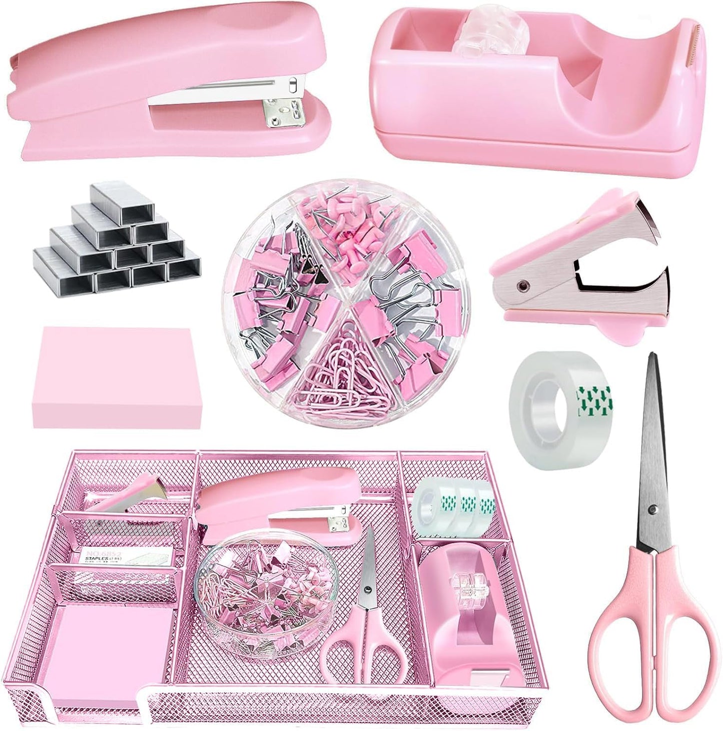 Pink Office Desk Accessories, Pink Office Supplies Set, Desk Drawer Organizer,Stapler and Tape Dispenser Set,Tape,Staple Remover, Staples, Paper Clips, Scissor and Sticky Note