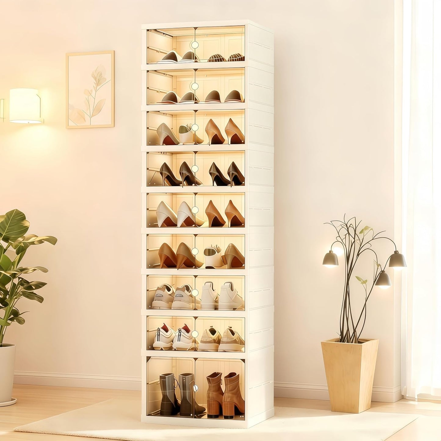 Elayce Foldable Shoe Rack Organizer, 9-Tier (8+1 Tall) Double-Row Shoe Cabinet, Installation-Free Stackable Shoe Storage Boxes with Clear Magnetic Doors for Entryway & Closet (White)