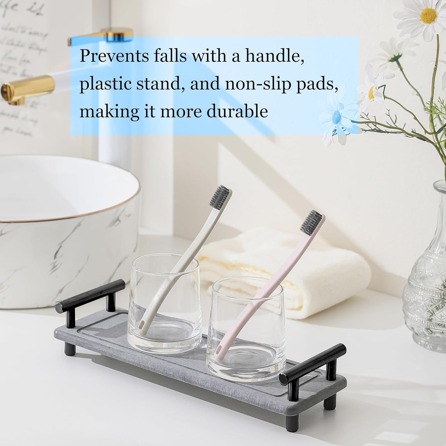 2Pcs Instant Dry Sink Caddy, Water Absorbent Diatomite Tray for Sink, Stone Drying Tray with Metal Handle, Keeping Kitchen and Bathroom Tidy and Clean (Dark Grey & Black Handle, Large & Small)