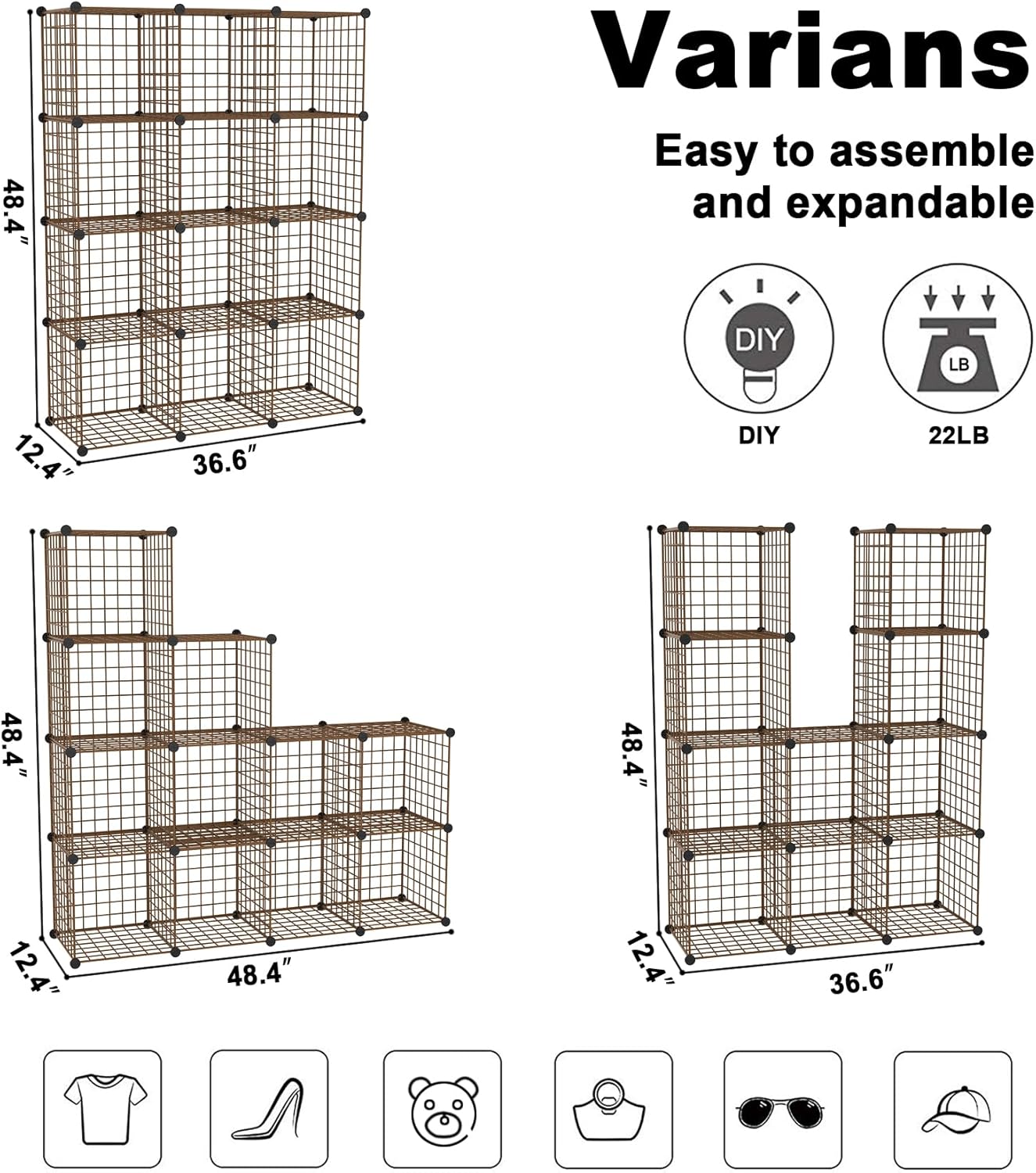 C&AHOME Wire Cube Storage, 12 - Cube Organizer Metal C Grids, Modular Shelves Units, Closet Organizer, Ideal for Home, Office, Living Room, 36.6”L x 12.4”W 48.4”H, Brown UWCS3012R