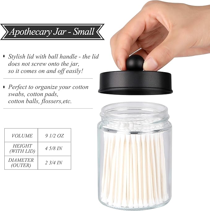 Apothecary Jars 3 Pack - Glass Bathroom Containers with Stainless Steel Lids - Rustic Farmhouse Decor Bathroom Accessories, Vanity Organizer Apothecary Jars for Qtip/Cotton Balls (Matte Black)