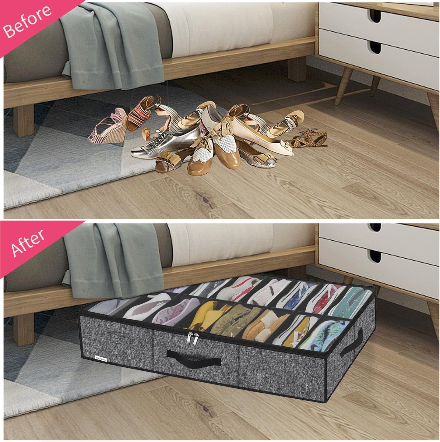 Onlyeasy Sturdy Under Bed Shoe Storage Organizer with Handles and Clear Window Fit 16 to 32 Pairs, Premium Foldable Shoes Container Box for Closet, 37.7x 23.6x 5.9 inch, Cotton-like Black, MXBUBS16P2