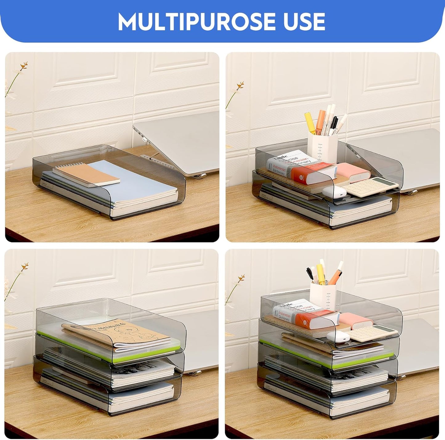 Set of 4 Office Organization and Storage, PET Letter Tray Desk Organizer, Stackable Document Organizer and File Paper Organizer for Office Supplies, Black