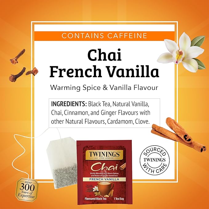 Twinings French Vanilla Chai Black Tea Individually Wrapped Bags, 20 Count (Pack of 2), Warm, Sweet & Spicy, Caffeinated, Enjoy Hot or Iced, 20 Teabags