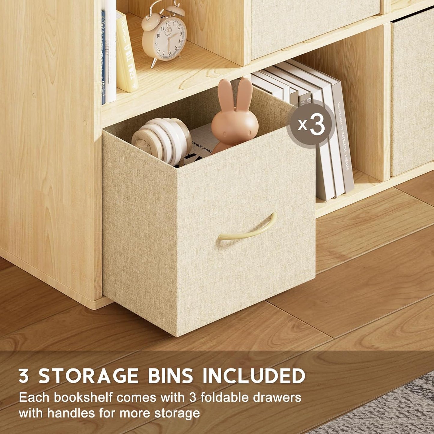 6 Cube Storage Organizer - Solid Wood Bookshelf with 3 Storage Bins, Cube Shelf with 2 Removable Back Panels, Vertical or Horizontal Bookcase, Open Book Shelf for Bedroom, Living Room, Office