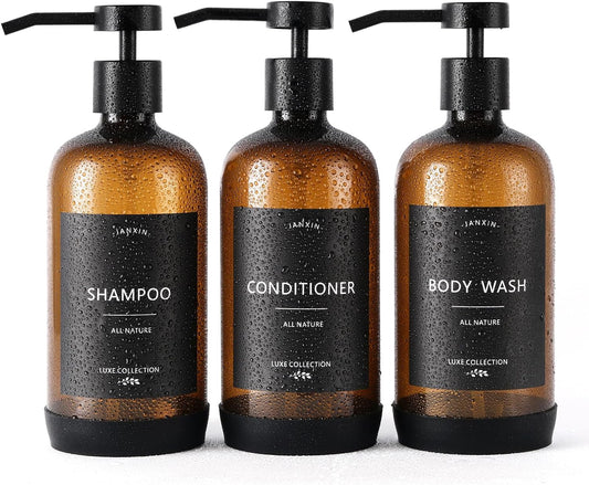 Shampoo and Conditioner Dispenser Set of 3,Refillable 21oz Shampoo Bottles with Non-Slip Protective Silicone Pad,Shower Soap Dispenser with Waterproof Labels for Bathroom (Amber)