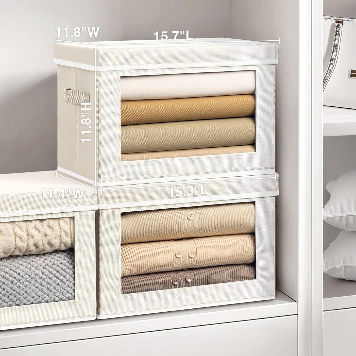 Storage Bins with Lids, 3 Pack Large Storage Cubes with Window, Closet Bins with Lids & Handles, Fabric Box for Organizing Clothes, Towels, Books, Beige