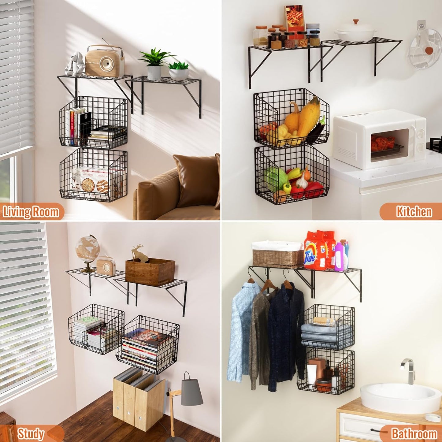 2 Pack Laundry Room Shelves with Wire Baskets, Over the Washer and Dryer Shelf, Wall Mounted Storage and Clothes Drying Rack, Wire Shelves Baskets for Laundry Closet Organization and Storage-Black