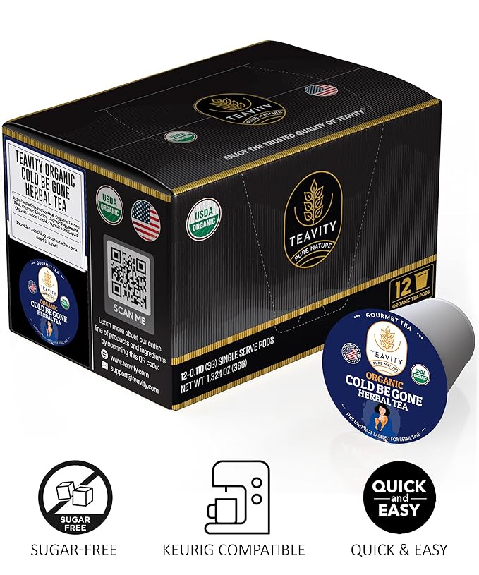 Organic Rooibos Tea Pods for Keurig with Lemon, Mint, Licorice - Unsweetened Decaf Tea for K Cup Brewing - Cold- Be-Gone by Teavity (24 Tea Pods)