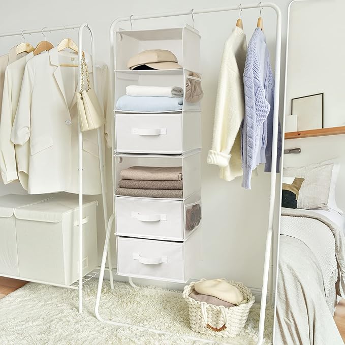 GRANNY SAYS 6-Shelf Hanging Organizer for Closet, Separable to 2 Pack 3-Shelf Hanging Shelves, Organization and Storage with 3 Different Drawers, 4 Side Pockets, White, 1-Pack