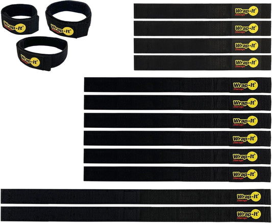 Quick-Straps by Wrap-It Storage - Assorted 12-Pack Black - Hook and Loop Hose and Cable Organizers