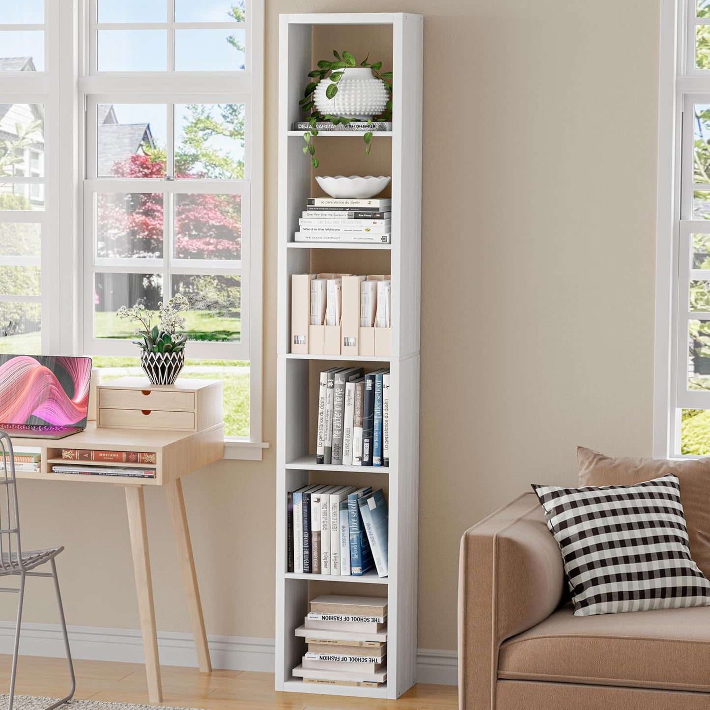 Tall Cube Storage Organizer Bookcase, 6 Tier 11 inch Open Back Cubical Shelf with Thickened Border, Display Bookshelf for Living Room, Home Office, Sturdy Room (White, 6 Cube,Vertical)