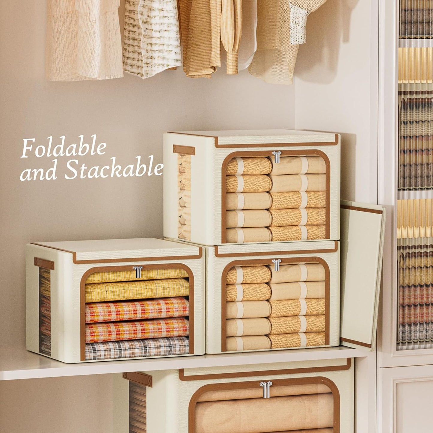 Yecaye Clothes Storage Bins with Metal Frame, Foldable Clothing Storage Bin with Lid, Stackable Oxford Fabric Organizer Box With Clear Window & Zippers & PU Leather Handles (3 Pack,Beige,40L)