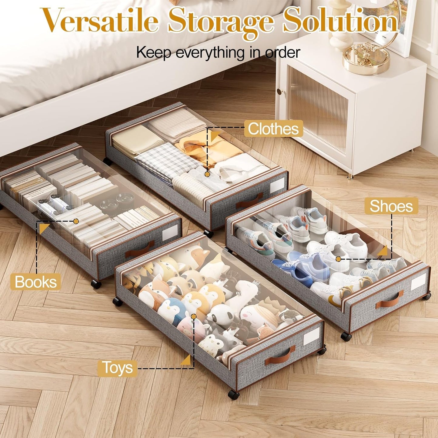 Yecaye Under Bed Storage with Wheels, 2 Pack Under Bed Storage Bins with Clear Lids & Label, XXL Large Lapacity Rolling Under Bed Drawers for Clothes, Blankets, Shoes