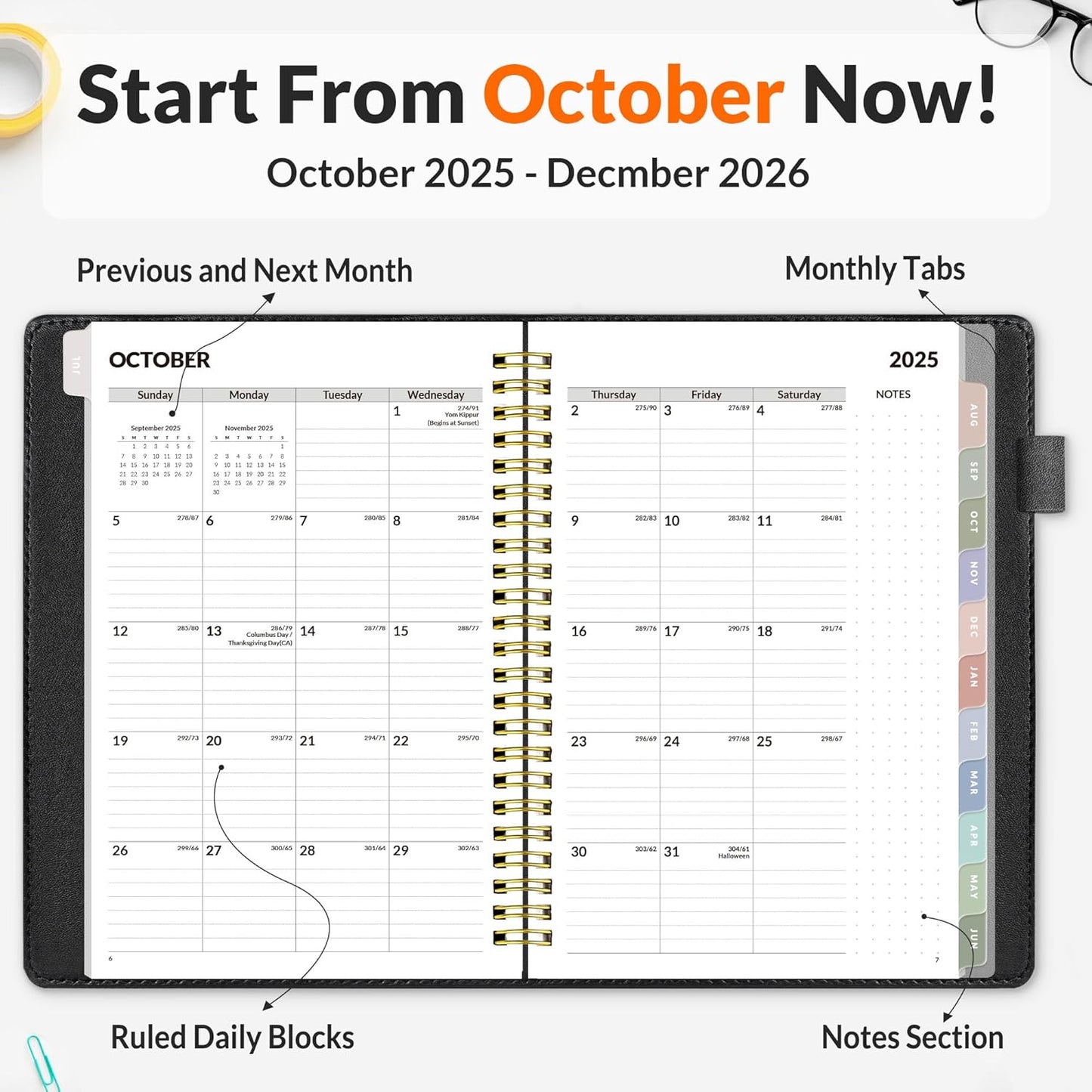 SUNEE 2026 Weekly & Monthly Planner 6.4"x8.5"- 12 Month (January 2026 - December 2026), Vegan Leather Cover, Pocket, Bookmark, Notes, Monthly Tab, Black