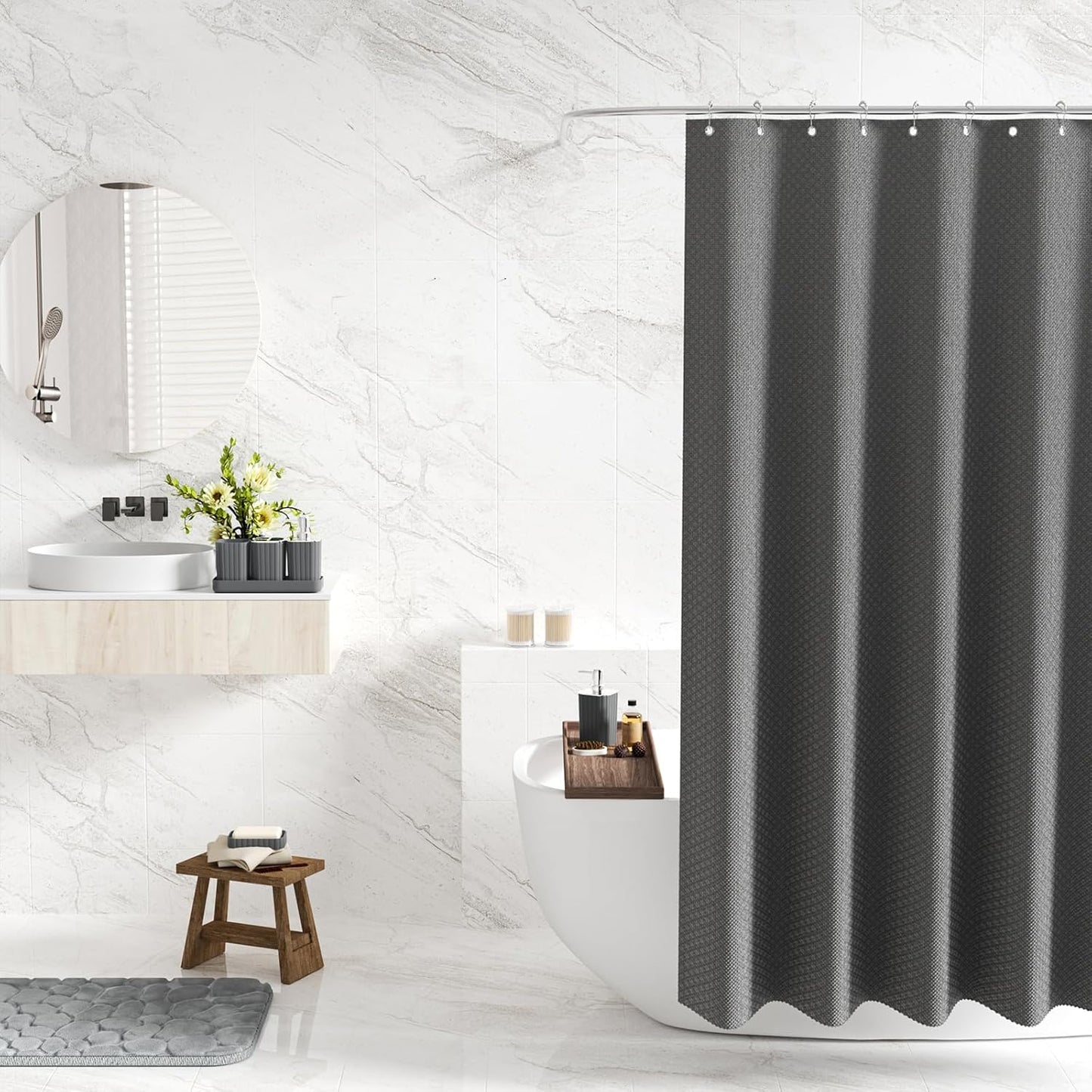 Bathroom Accessories Set- 25PC Grey Bathroom Set, Bathroom Set with Shower Curtain and Rugs, Shower Curtain Set, Toilet Brush, Trash Can, Qtip Holder Dispenser & Soap Dispenser