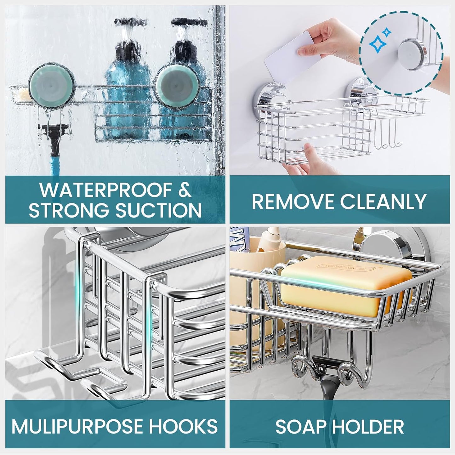 TAILI Shower Caddy Suction Cup 2 Pack with Hooks and Soap Holder, Heavy Duty Shower Organizer for Bathroom, No Drilling Silver bathroom suction shelves