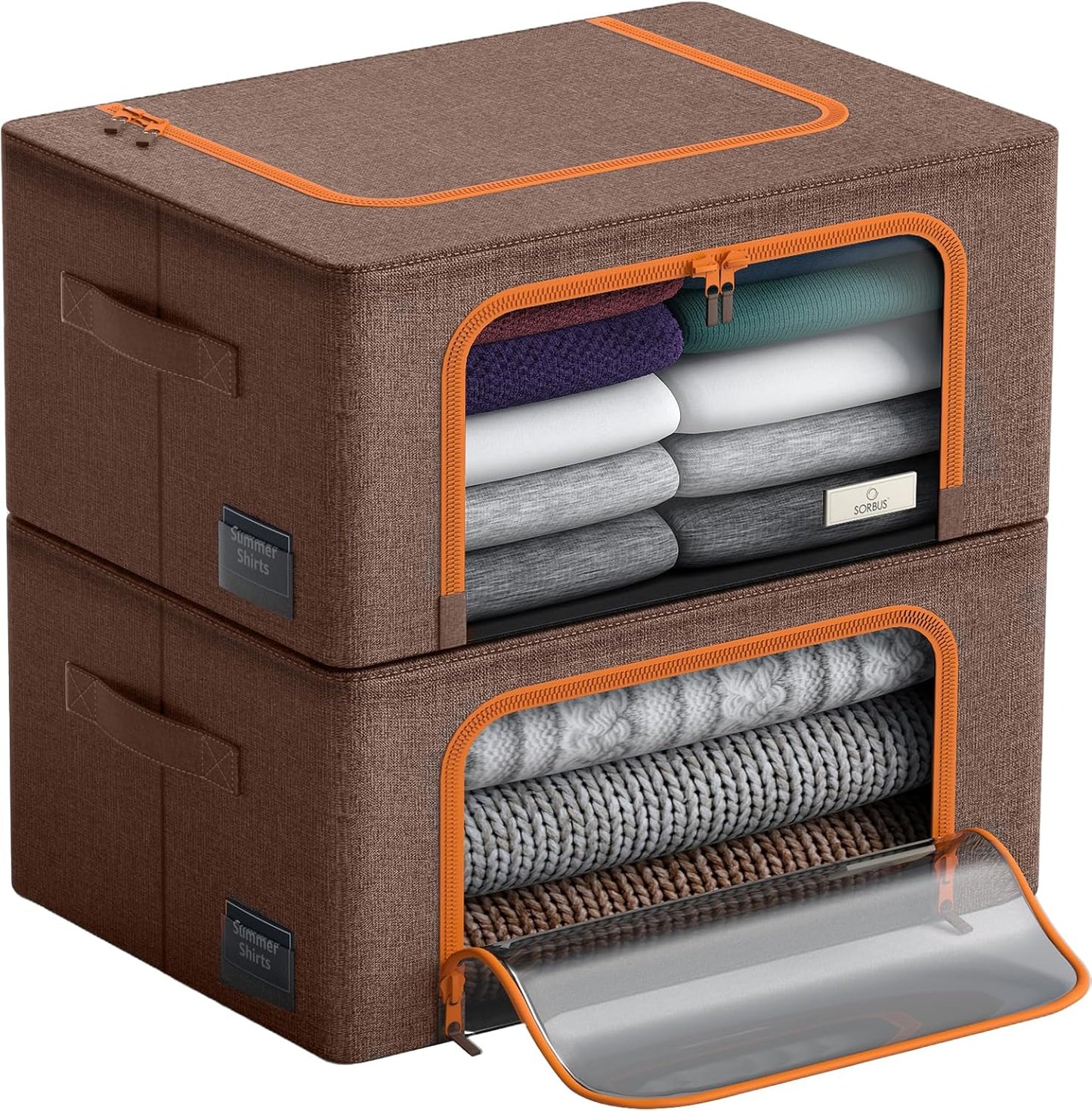 Sorbus® Storage Bins Boxes, Foldable Stackable Container Organizer Basket Set with Large Clear Window & Carry Handles, for Bedding, Linen, Clothes (Brown)