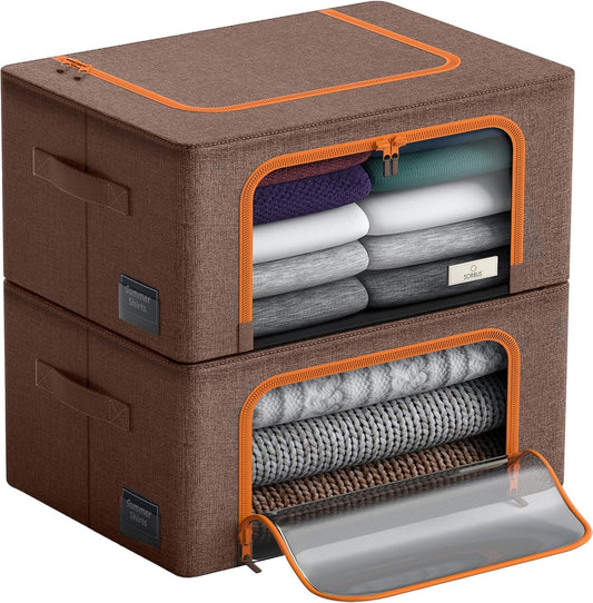 Sorbus® Storage Bins Boxes, Foldable Stackable Container Organizer Basket Set with Large Clear Window & Carry Handles, for Bedding, Linen, Clothes (Brown)