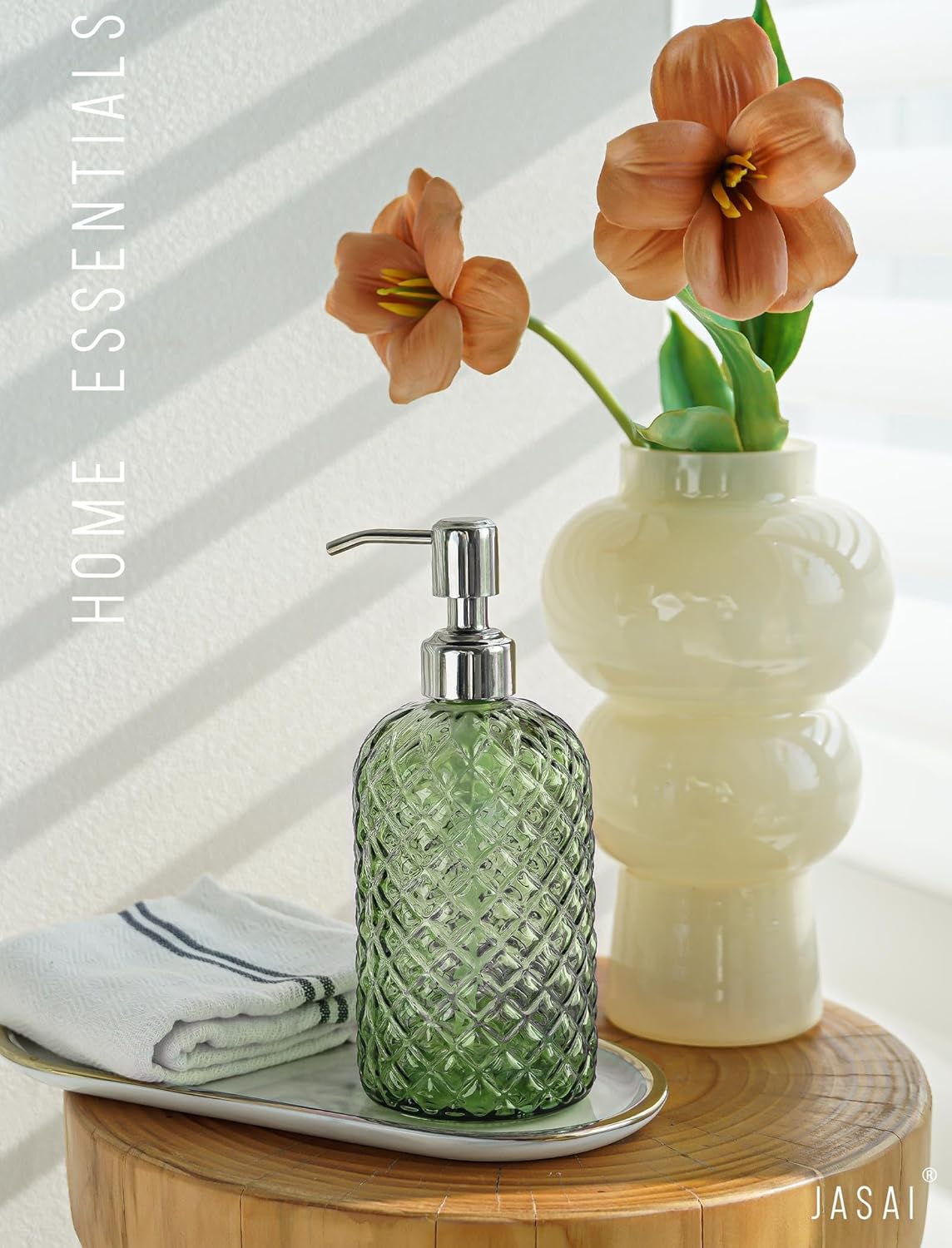 JASAI 18Oz Tea Green Soap Dispenser with Rust Proof Pump, Refillable Glass Soap Dispenser for Bathroom & Kitchen to Dispense Dish Soap, Hand soap, Lotion.