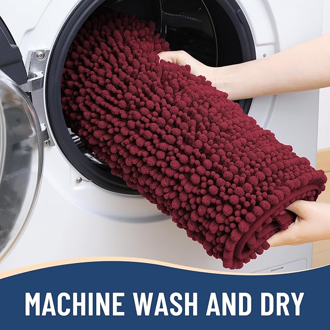 Arotive Luxury Chenille Bathroom Rug Mat, Extra Soft Thick Absorbent Shaggy Bath Rugs, Non-Slip Machine Wash Dry, Plush Bath Mats for Bathroom, Shower and Tub, 70x24, Burgundy