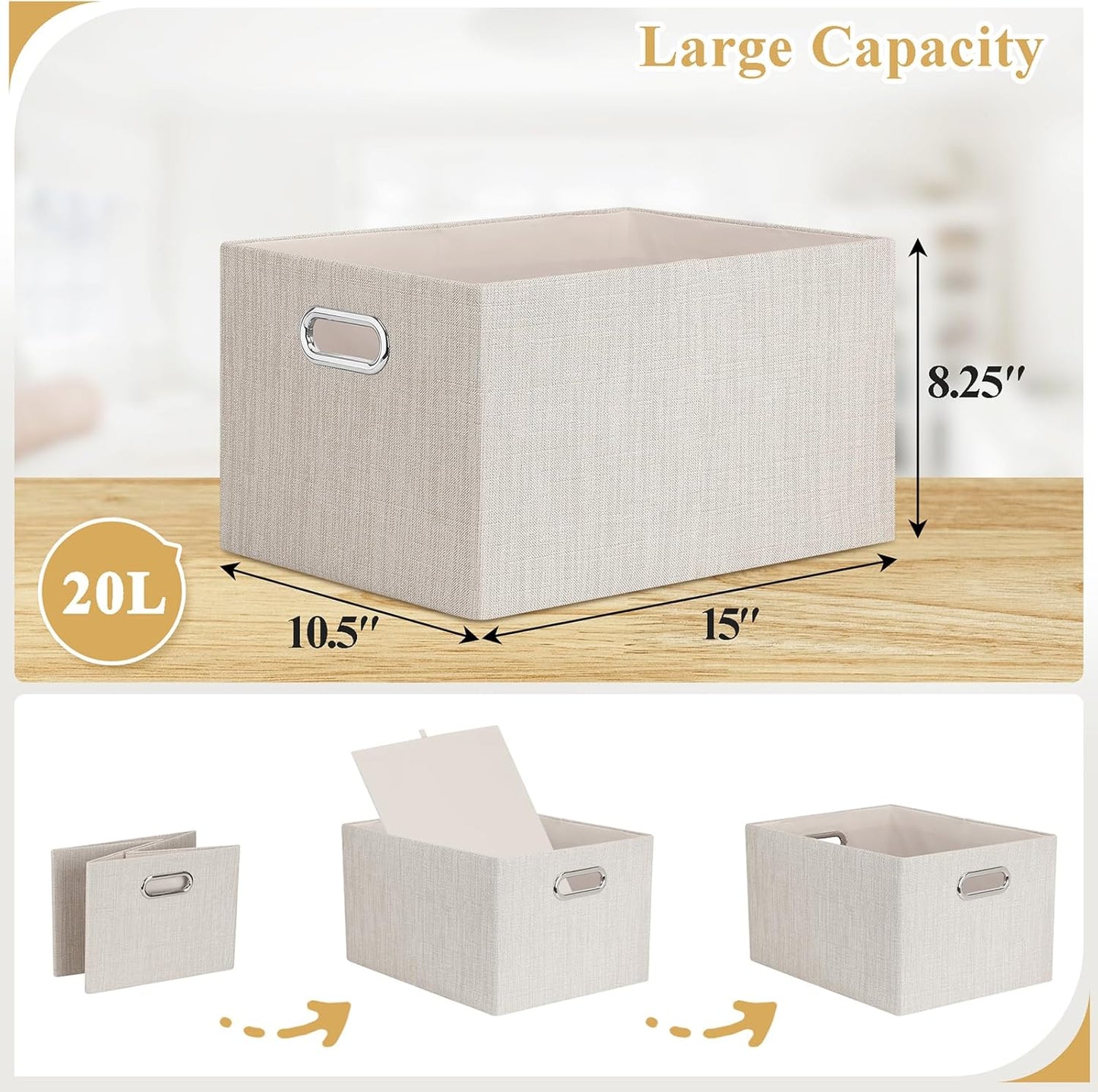 Posprica Closet Storage Bins, 4 Pack Closet Shelf Organizers, Linen Fabric Decorative Storage Baskets for Organizing, Foldable Storage Box for Clothes, Toy, 15x10.5x8.25 Inch (Beige)