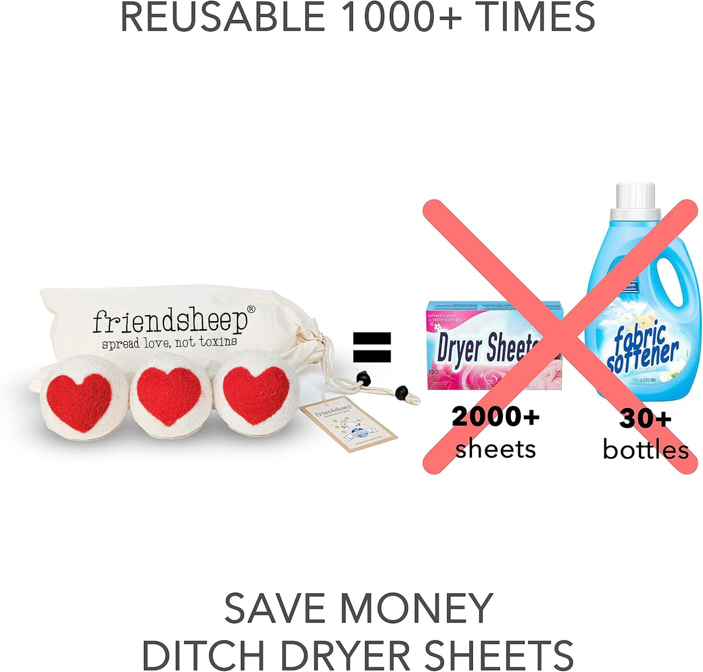 Friendsheep Wool Dryer Balls, Organic Reusable Fabric Softener Alternative for Laundry, Handmade, Fair Trade, Hypoallergenic, Eco-Friendly, Plastic-Free (3 Pack XL – Red Heart )